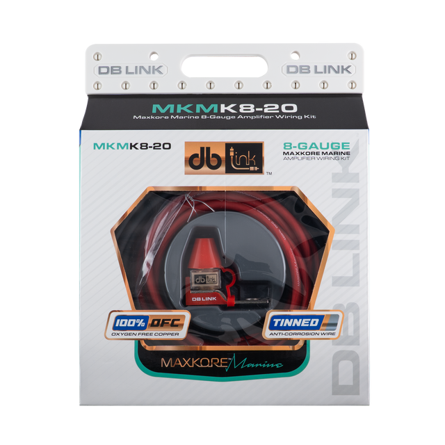 MKMK8-20: 8 Ga. Maxkore Marine Amplifier Kit with 20' PW/GR/REM 100% OFC Tinned Anti-Corrosive Wires