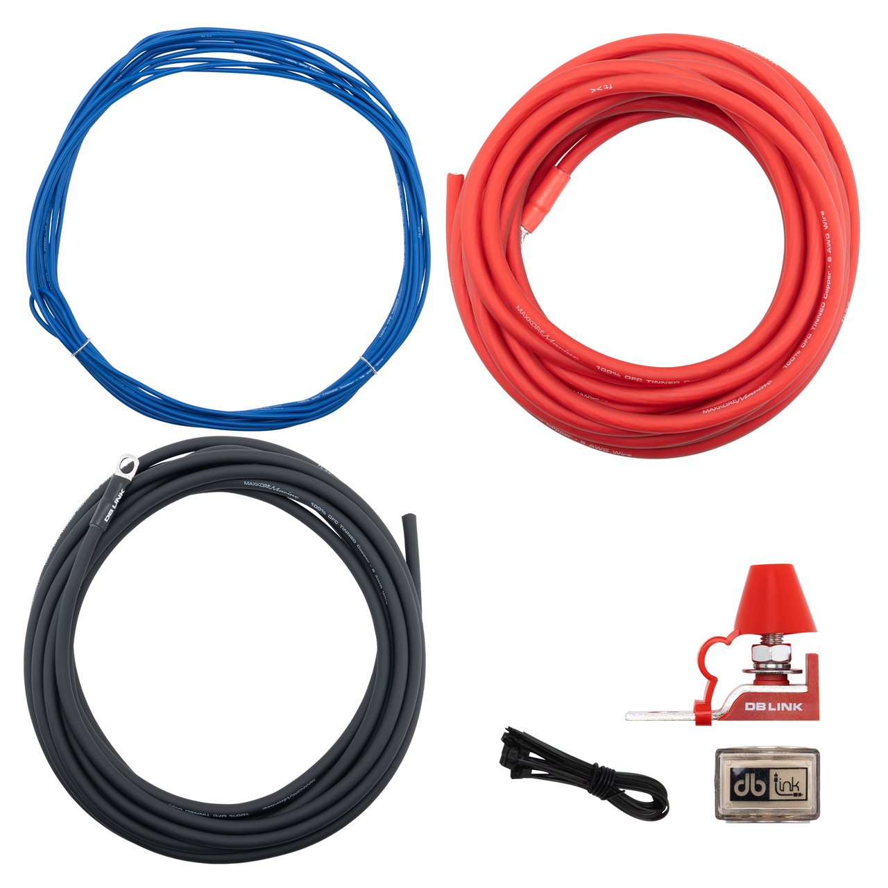 MKMK8-20: 8 Ga. Maxkore Marine Amplifier Kit with 20' PW/GR/REM 100% OFC Tinned Anti-Corrosive Wires