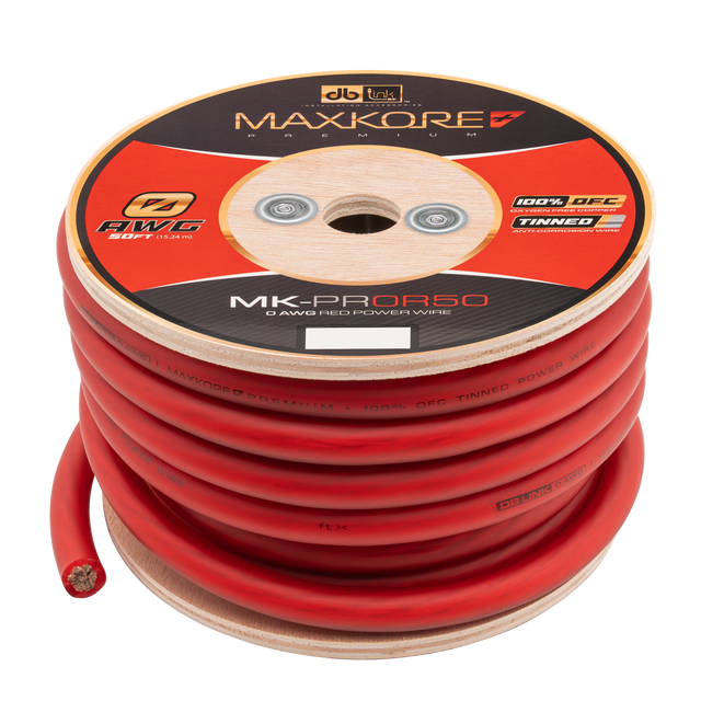 MK-PR0R50 : 50' 0 AWG Maxkore+ Premium Red, 100% OFC, TINNED Anti-Corrosive Power Wire Roll