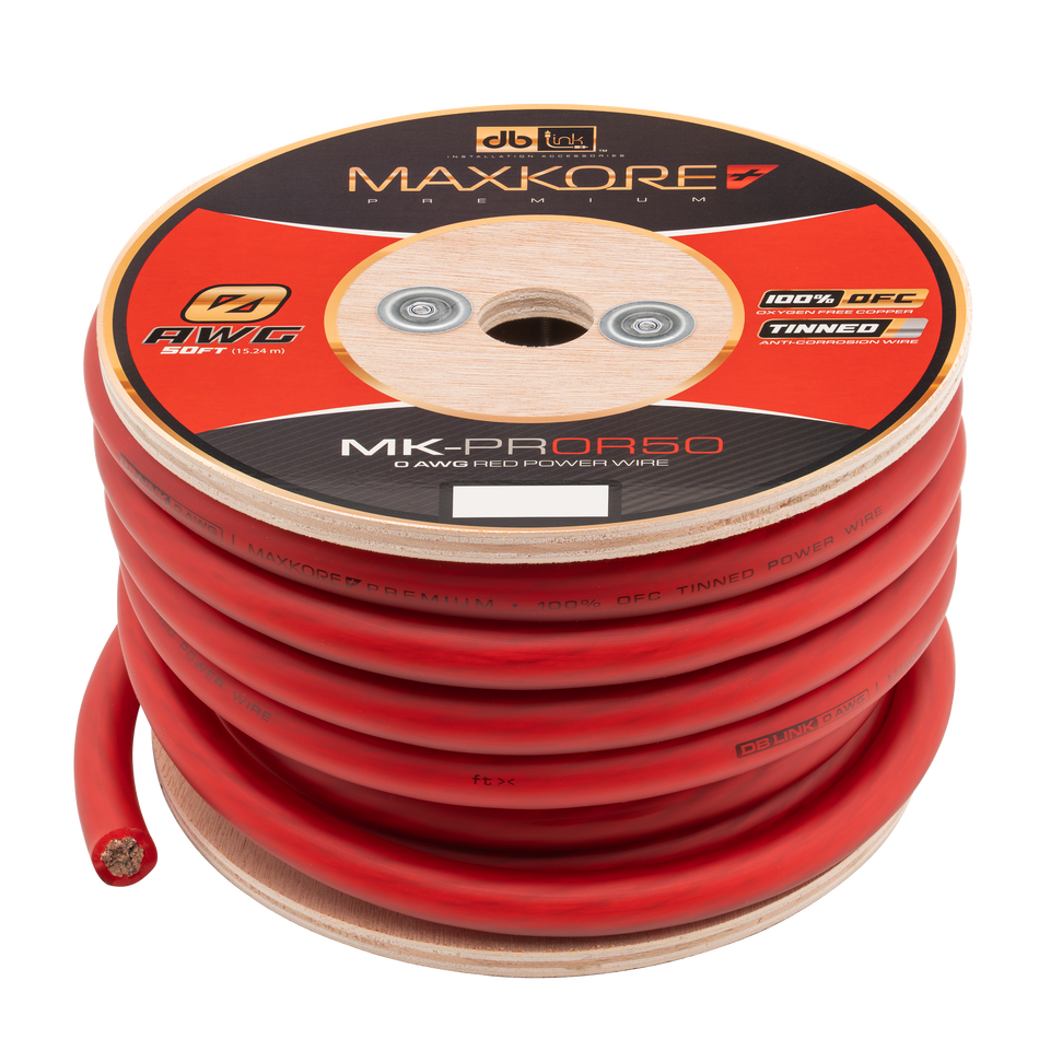 MK-PR0R50 : 50' 0 AWG Maxkore+ Premium Red, 100% OFC, TINNED Anti-Corrosive Power Wire Roll