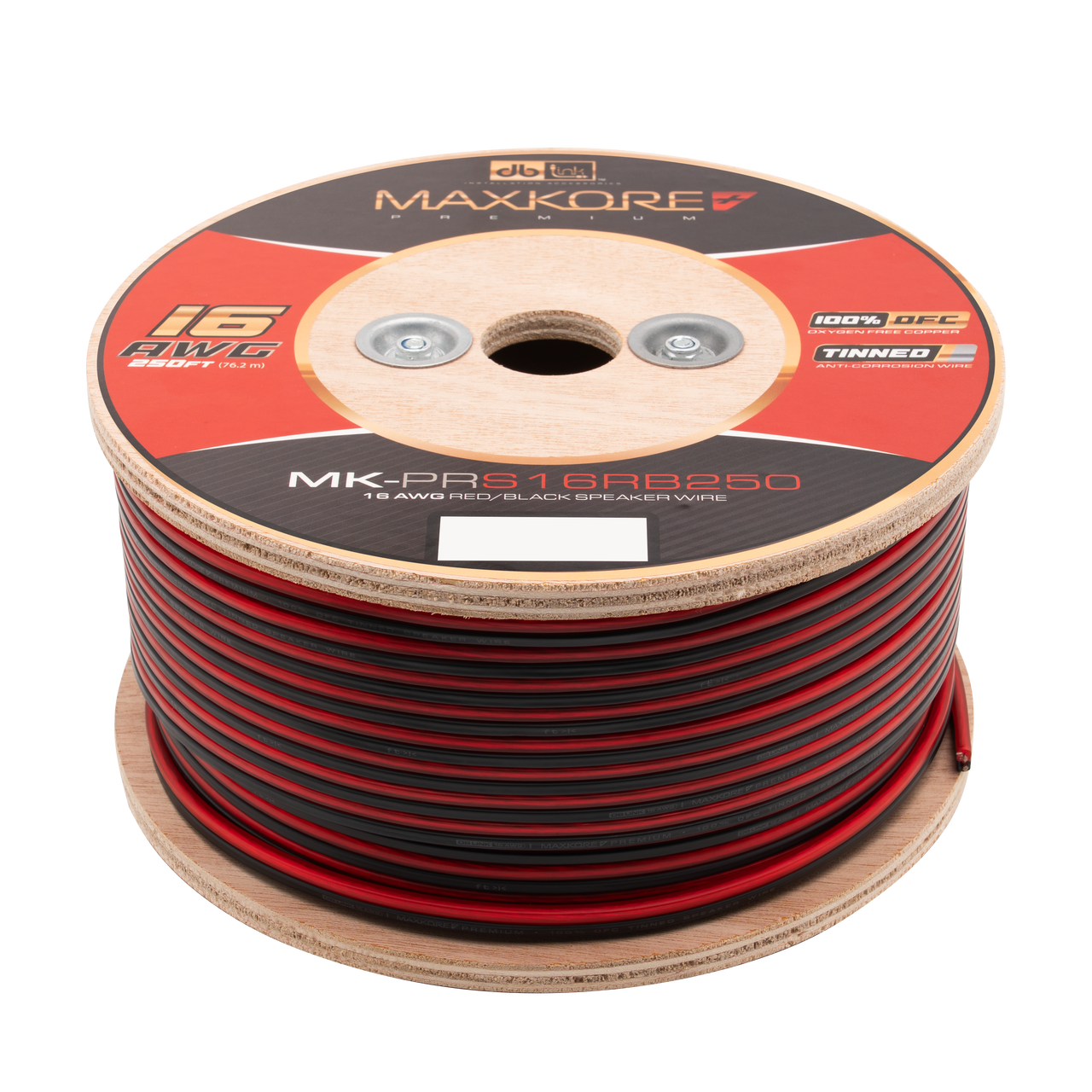 MK-PRS16RB250 : 250' 16 AWG Maxkore+ Premium Red/Black Speaker Wire, 100% OFC, TINNED Anti-Corrosive