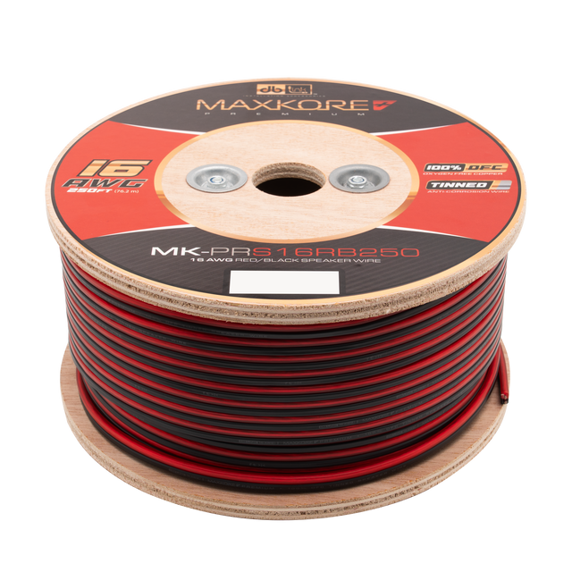 MK-PRS16RB250 : 250' 16 AWG Maxkore+ Premium Red/Black Speaker Wire, 100% OFC, TINNED Anti-Corrosive