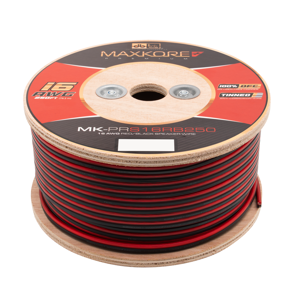 MK-PRS16RB250 : 250' 16 AWG Maxkore+ Premium Red/Black Speaker Wire, 100% OFC, TINNED Anti-Corrosive