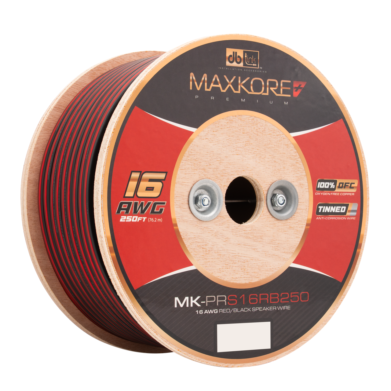 MK-PRS16RB250 : 250' 16 AWG Maxkore+ Premium Red/Black Speaker Wire, 100% OFC, TINNED Anti-Corrosive