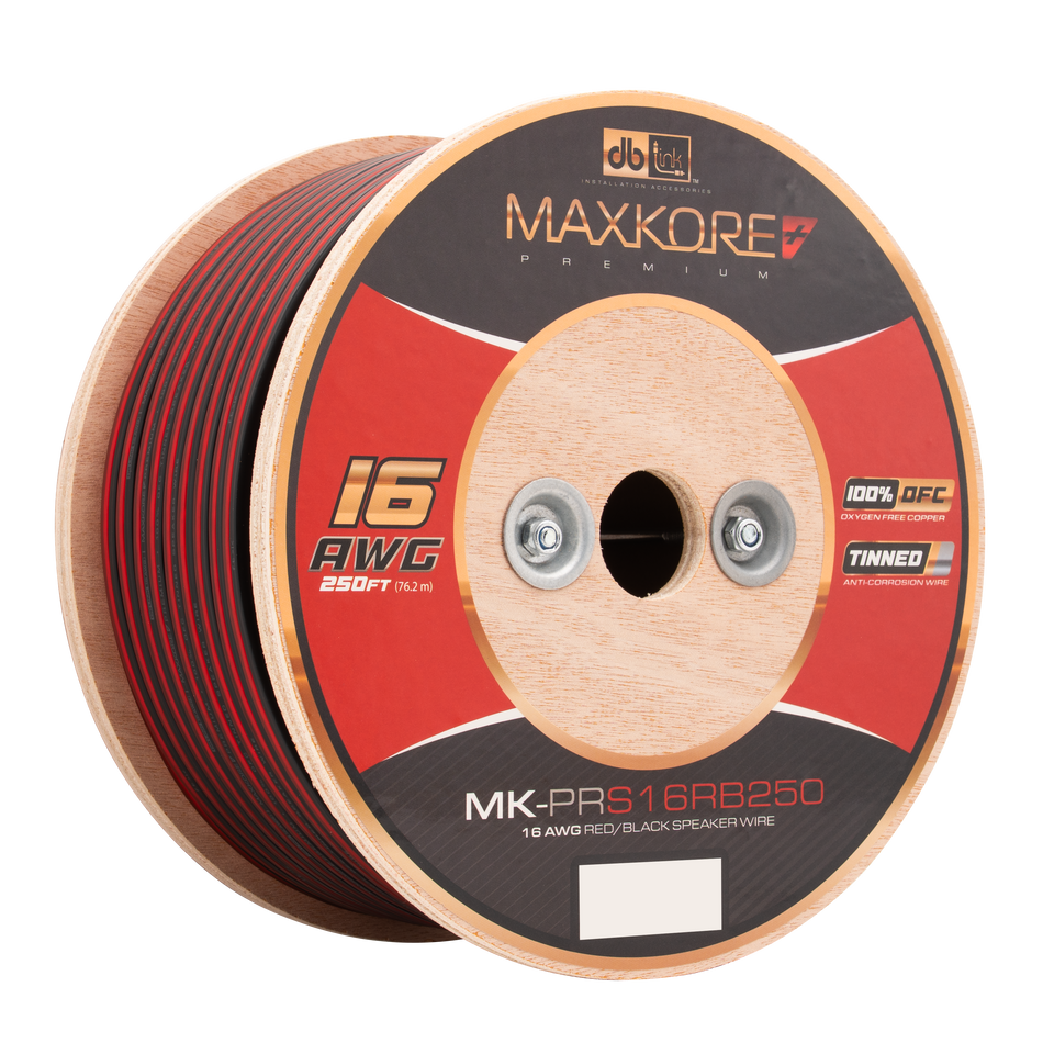 MK-PRS16RB250 : 250' 16 AWG Maxkore+ Premium Red/Black Speaker Wire, 100% OFC, TINNED Anti-Corrosive