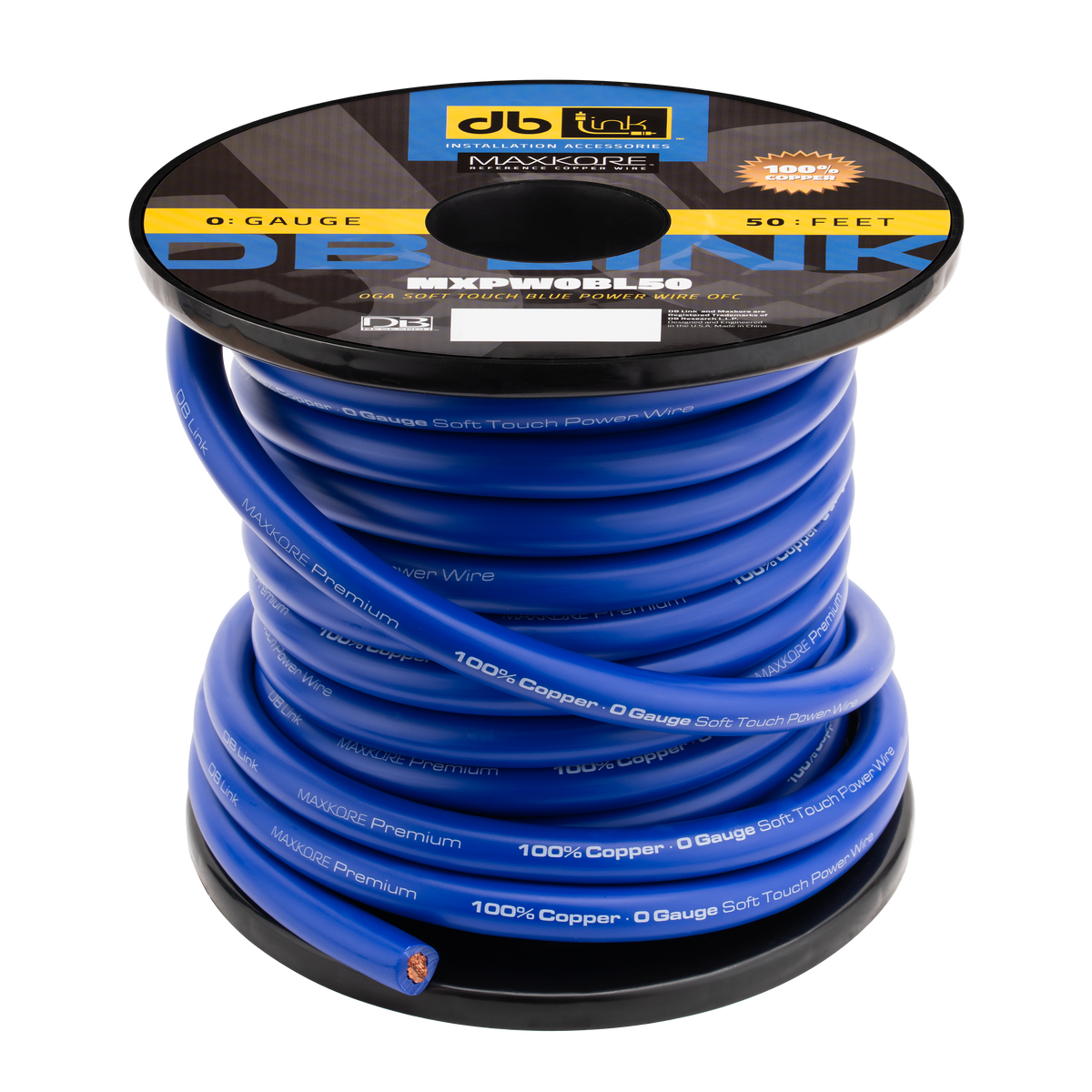 MXPW0BL50 : 0 Gauge Maxkore Premium 100% Copper Blue Soft Touch