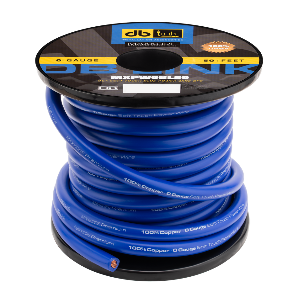 MXPW0BL50 : 0 Gauge Maxkore Premium 100% Copper Blue Soft Touch Power Wire Roll