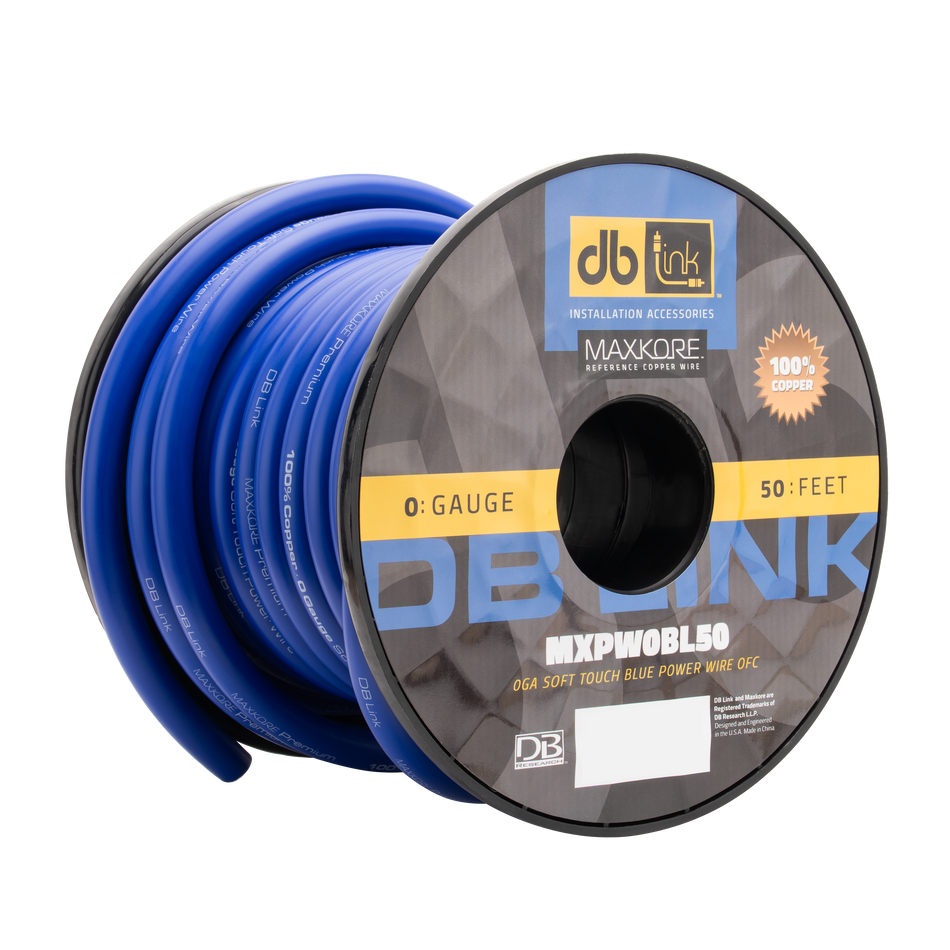 MXPW0BL50 : 0 Gauge Maxkore Premium 100% Copper Blue Soft Touch Power Wire Roll