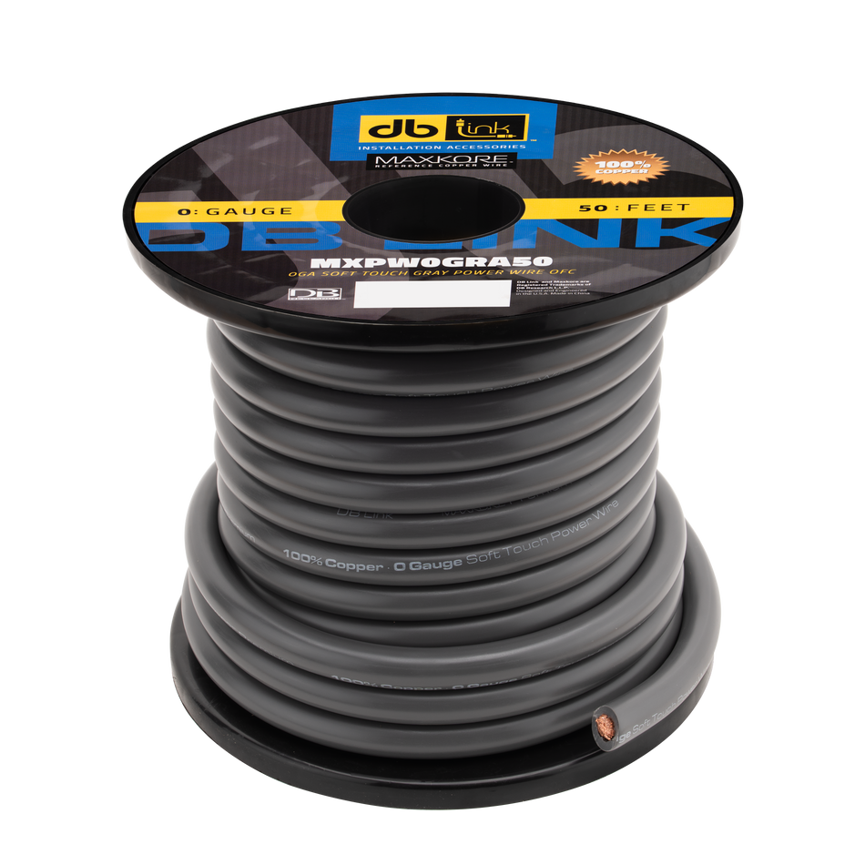 MXPW0GRA50 : 0 Gauge Maxkore Premium 100% Copper Gray Soft Touch Power Wire Roll