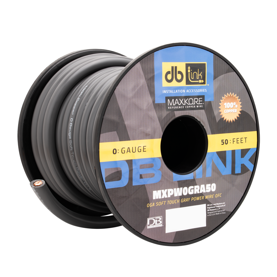 MXPW0GRA50 : 0 Gauge Maxkore Premium 100% Copper Gray Soft Touch Power Wire Roll