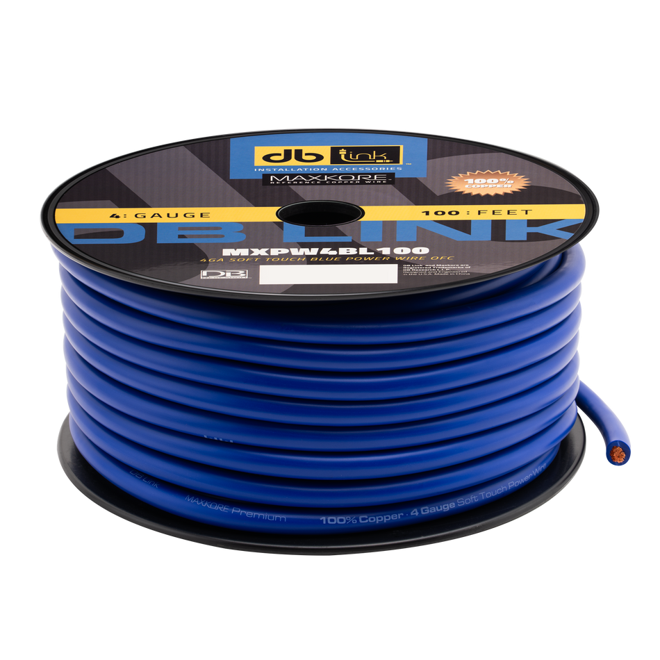 MXPW4BL100 : 4 Gauge Maxkore Premium 100% Copper Blue Soft Touch Power Wire Roll