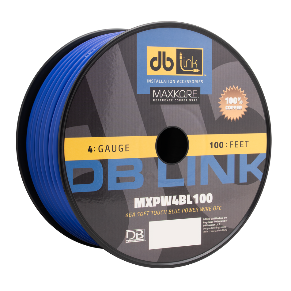 MXPW4BL100 : 4 Gauge Maxkore Premium 100% Copper Blue Soft Touch Power Wire Roll