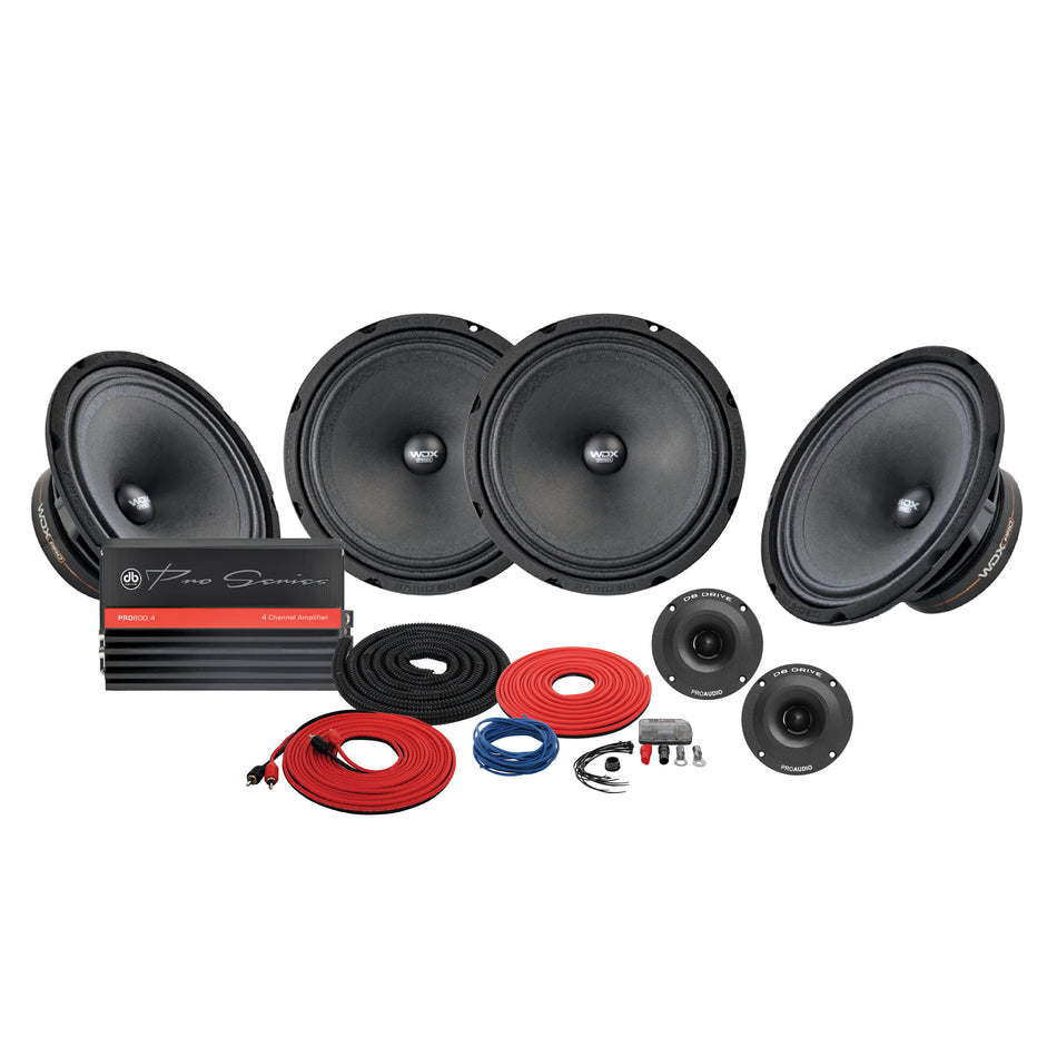 PRO-K2000 : 2 Pro Tweeters, 4 Pro 6.5 Mids, 4-Ch Amplifier, and 4 Gauge Wiring kit Pro Mid package